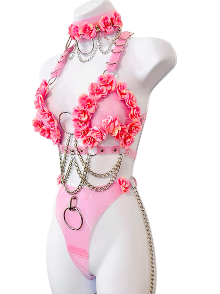 Pinch Me Bikini - Pink and Silver with Pink Roses Fits A, B, C cup