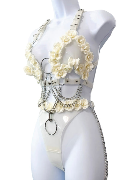 Pinch Me Bikini - White and Silver with Roses Fits A, B, C cup
