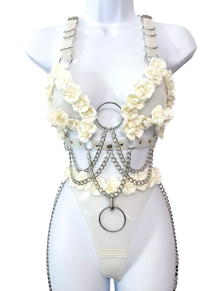 Pinch Me Bikini - White and Silver with Roses Fits A, B, C cup