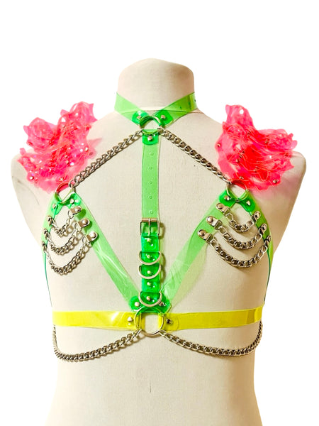 Glow Queen Harness - Neon Yellow and Silver - UV reactive - Ada Zanditon Couture