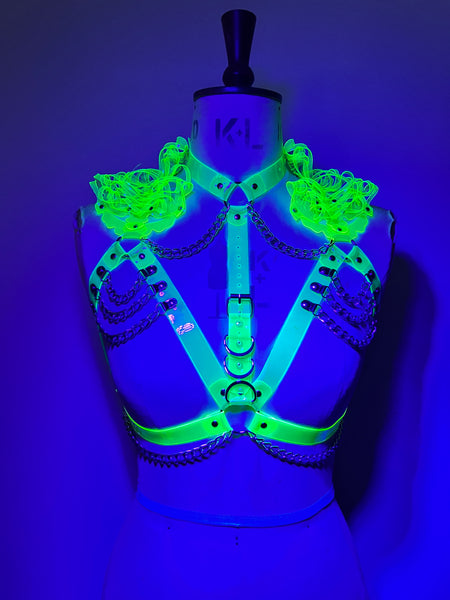 Glow Queen Harness - Neon Yellow and Silver - UV reactive