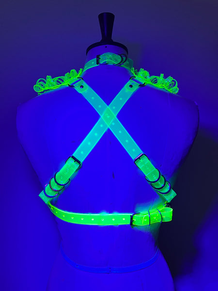 Glow Queen Harness - Neon Yellow and Silver - UV reactive
