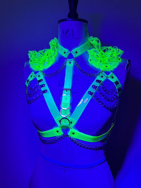 Glow Queen Harness - Neon Yellow and Silver - UV reactive