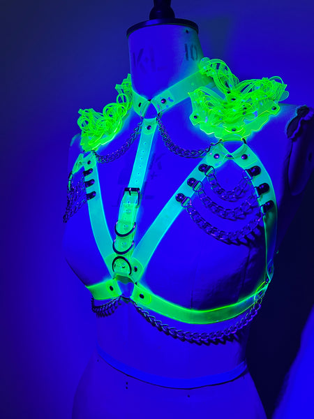 Glow Queen Harness - Neon Yellow and Silver - UV reactive